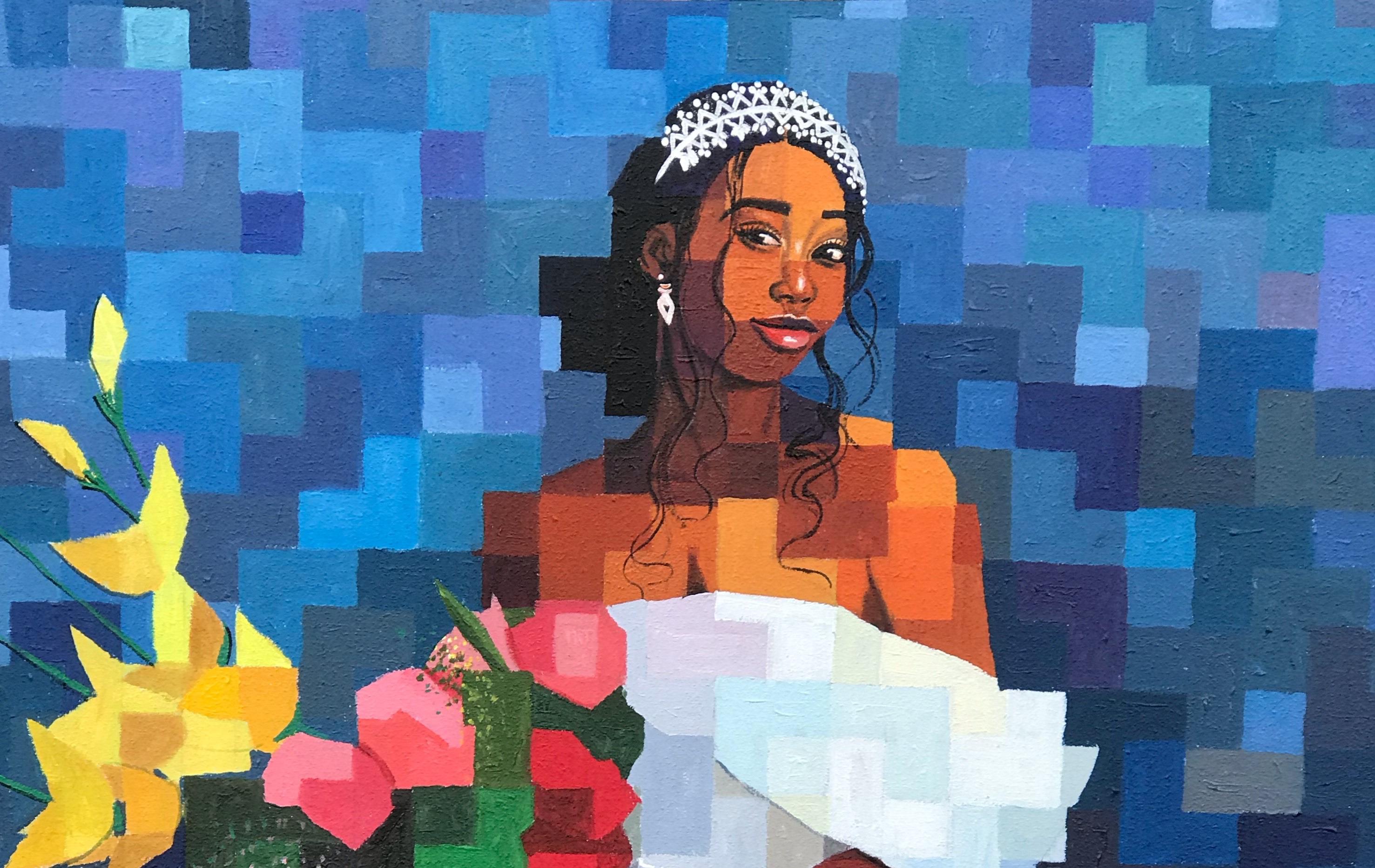 Weiße Hochzeit 1 -21. Jahrhundert, Zeitgenössisch, Figurativ, Verpixelt, Floral Frauen – Painting von Olamilekan Okunade