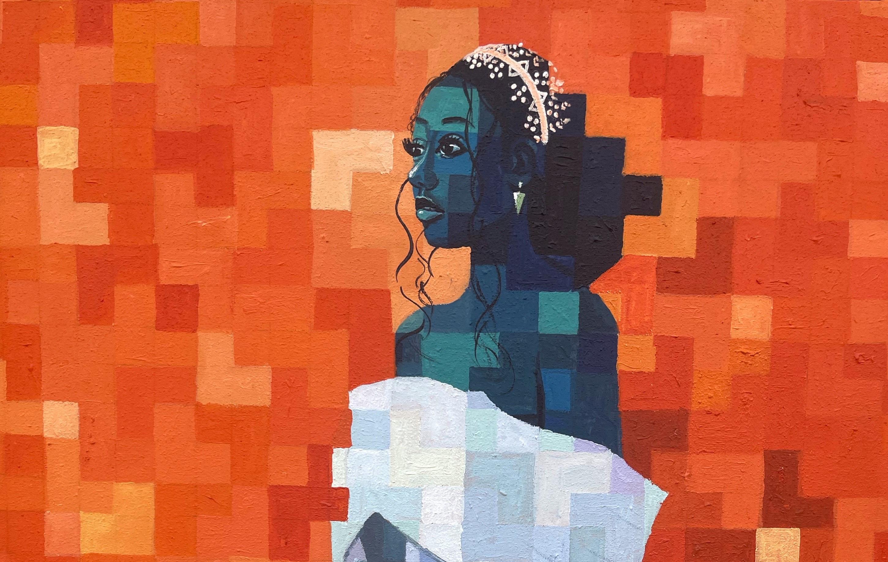 Weiße Hochzeit 2 -21. Jahrhundert, zeitgenössisch, figurativ, verpixelt, Blumenfrauen – Painting von Olamilekan Okunade