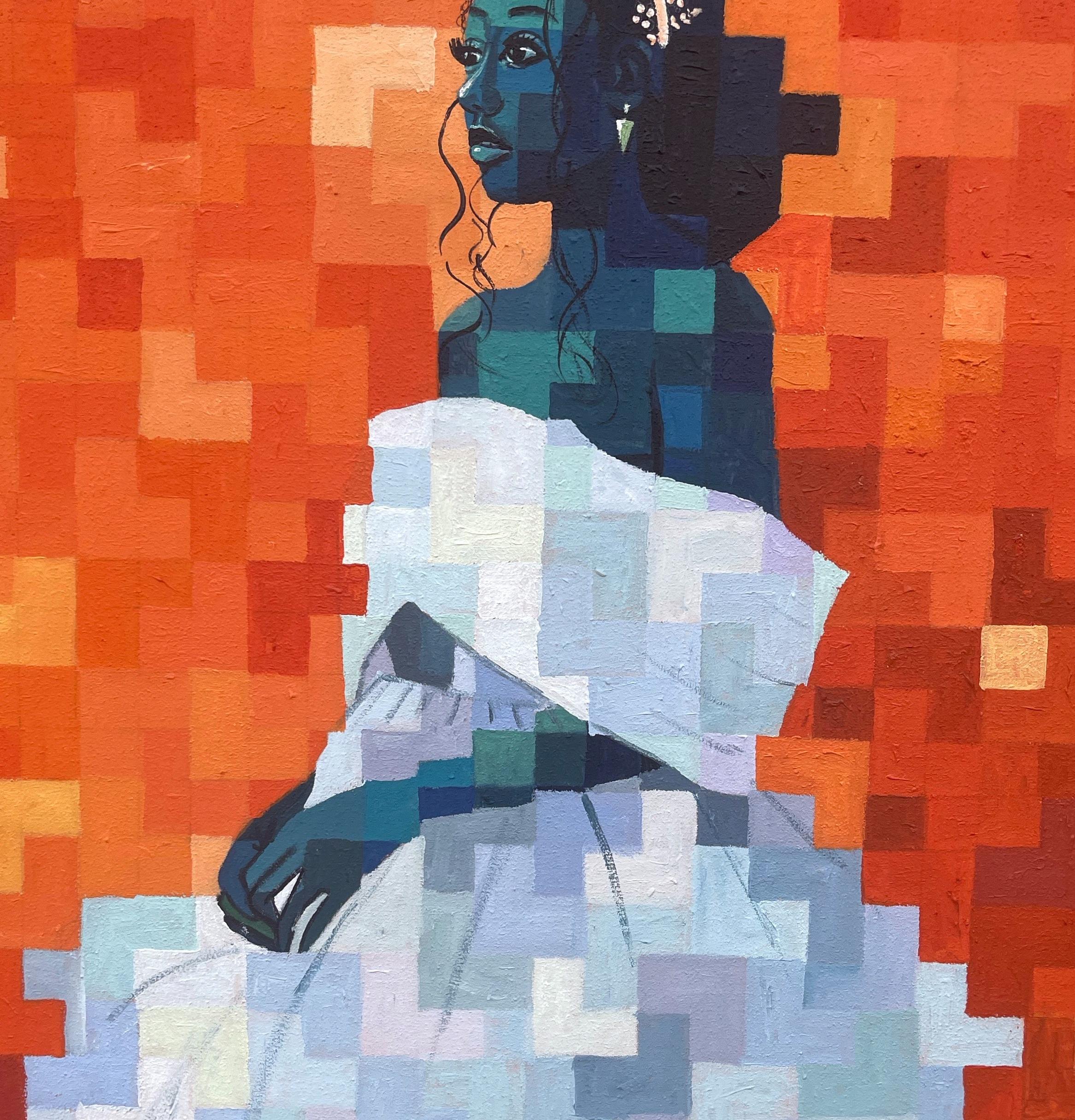 Weiße Hochzeit 2 -21. Jahrhundert, zeitgenössisch, figurativ, verpixelt, Blumenfrauen (Orange), Portrait Painting, von Olamilekan Okunade