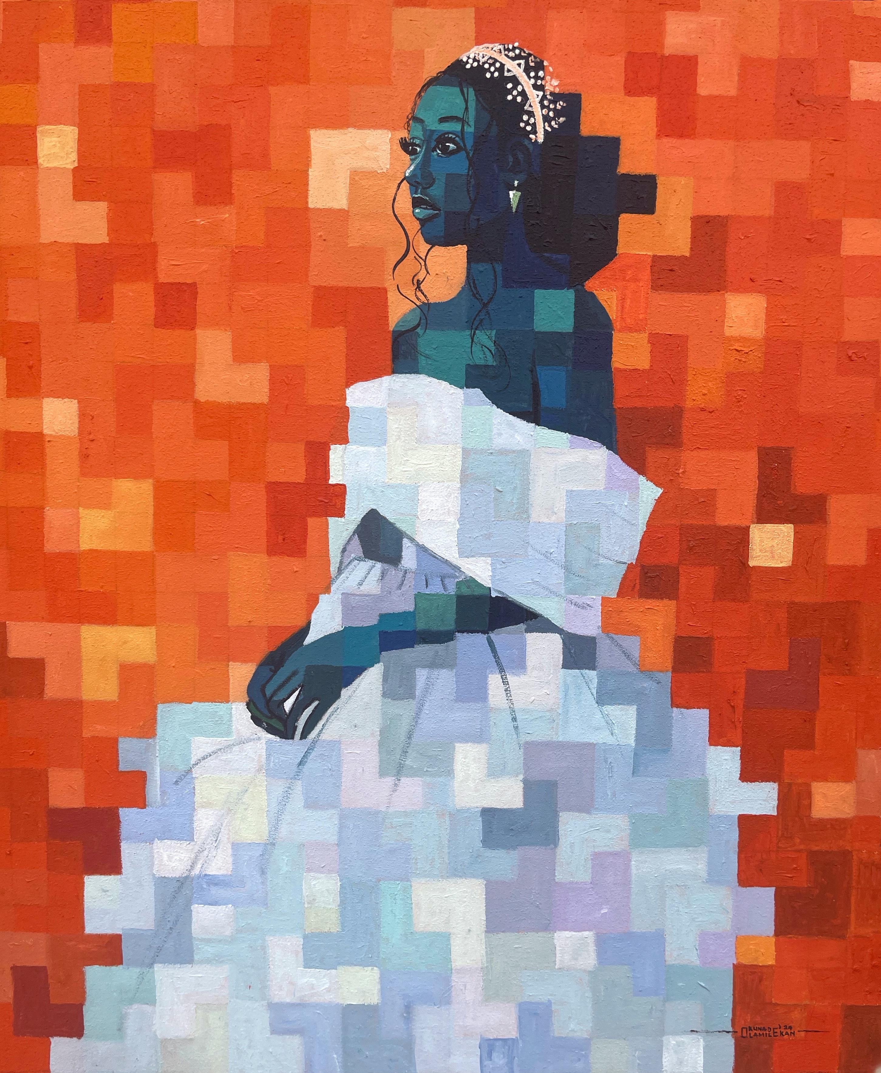 Olamilekan Okunade Portrait Painting – Weiße Hochzeit 2 -21. Jahrhundert, zeitgenössisch, figurativ, verpixelt, Blumenfrauen