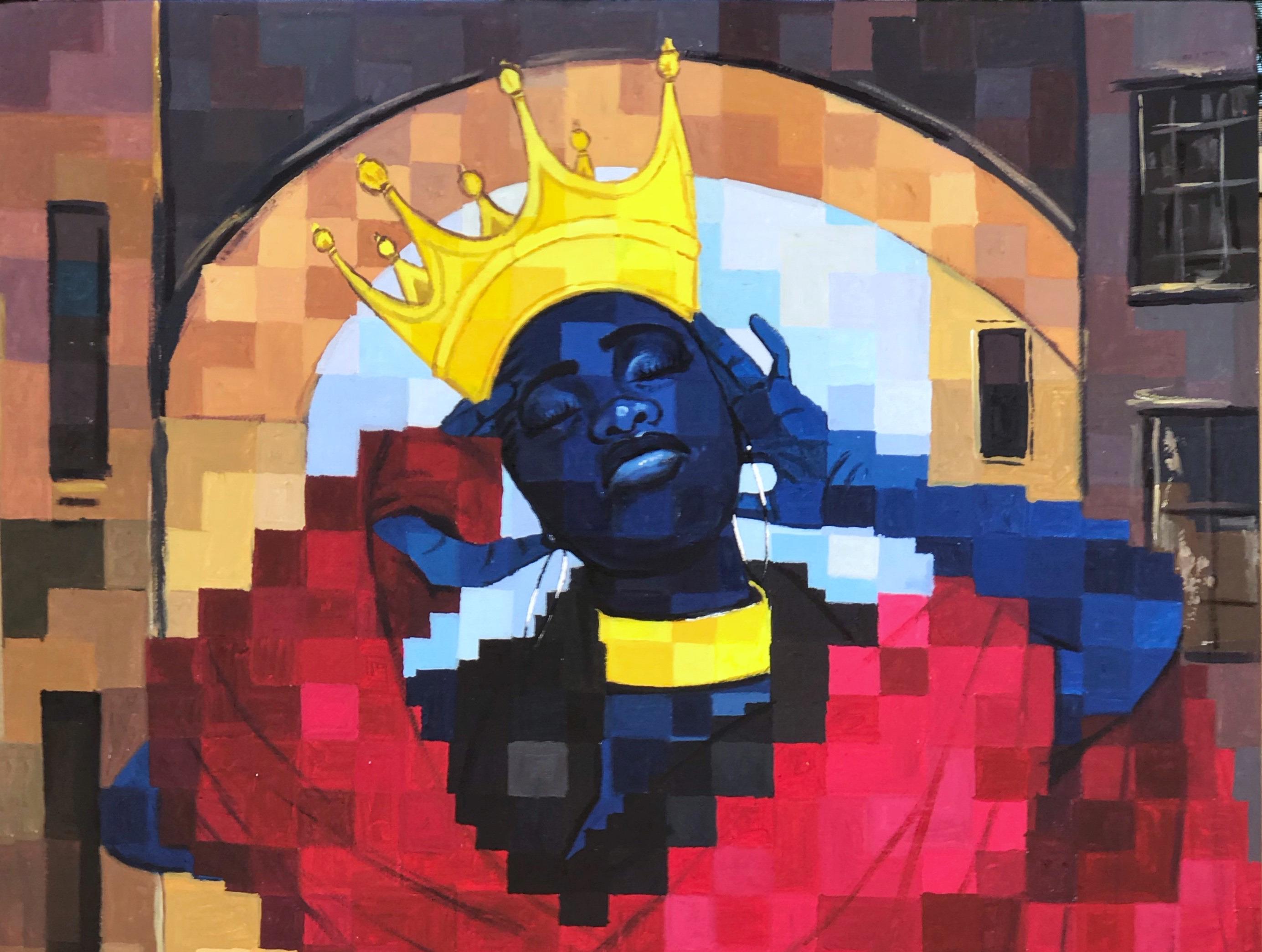 Donna Re -21° secolo, Contemporaneo, Figurativo, Pixelato, Rosso, Corona d'Africa - Painting di Olamilekan Okunade