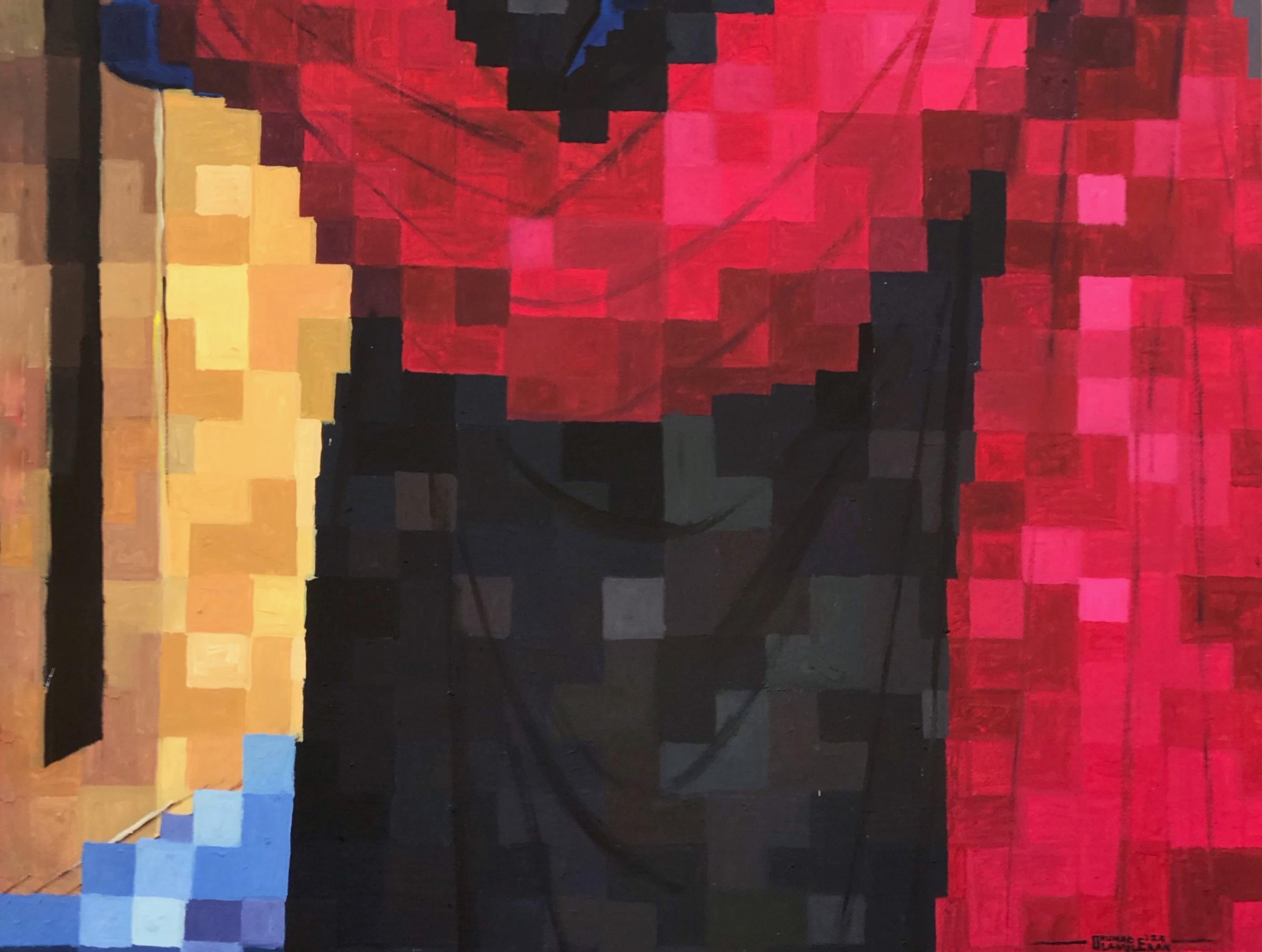 Donna Re -21° secolo, Contemporaneo, Figurativo, Pixelato, Rosso, Corona d'Africa - Figurative Painting Marrone di Olamilekan Okunade