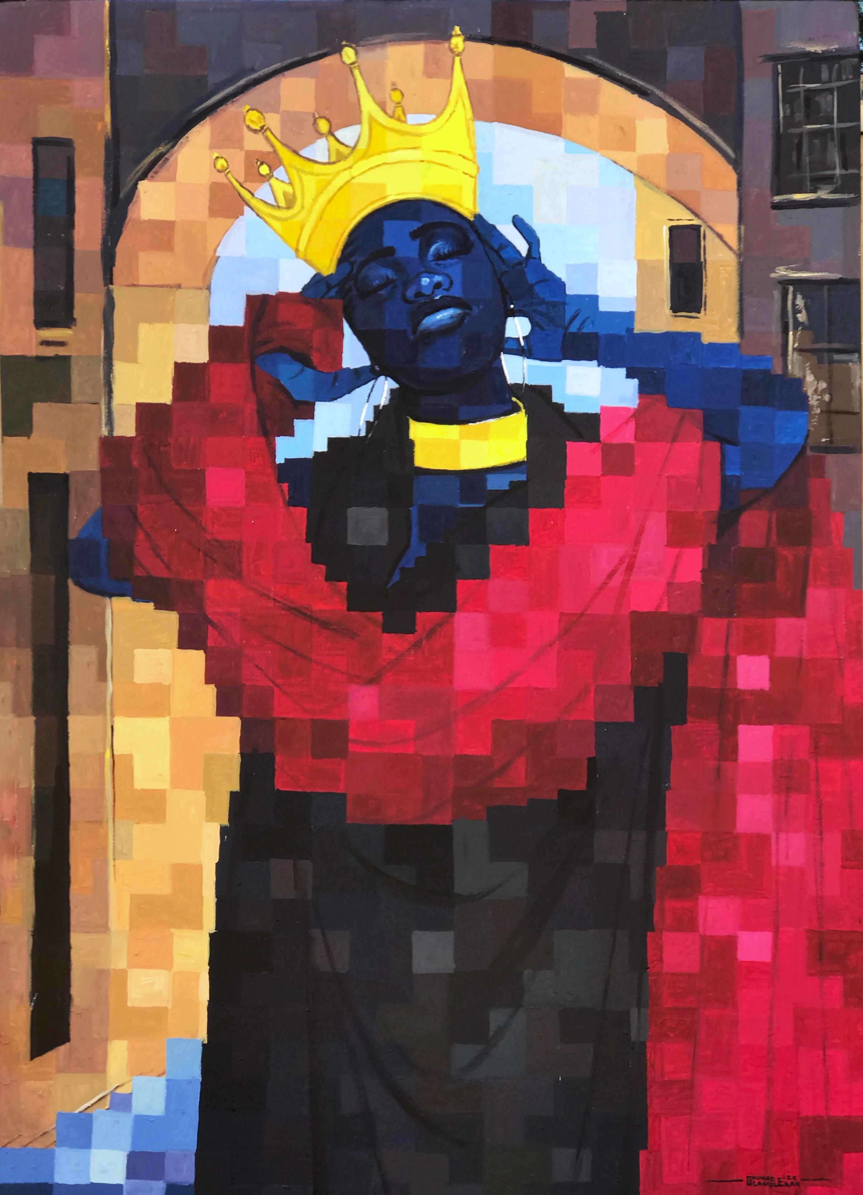 Figurative Painting di Olamilekan Okunade - Donna Re -21° secolo, Contemporaneo, Figurativo, Pixelato, Rosso, Corona d'Africa