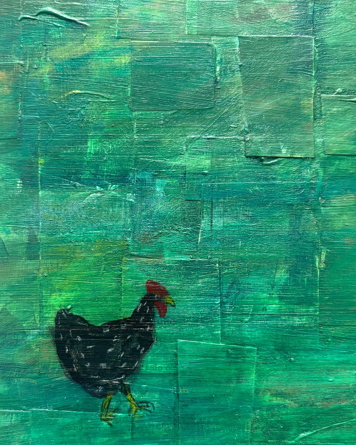 Brood (Collage Paysage d'un élevage de poulets et figure féminine couchée) - Painting de Olan Quattro