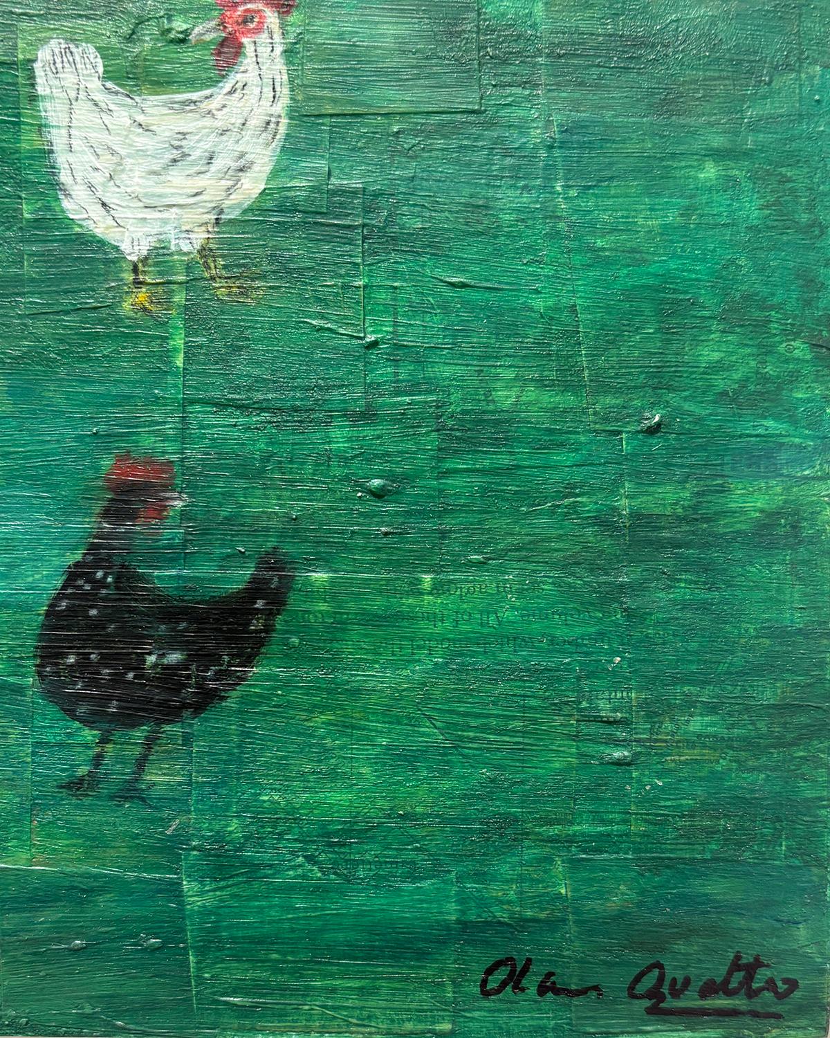 Brood (Collage Paysage d'un élevage de poulets et figure féminine couchée) - Contemporain Painting par Olan Quattro