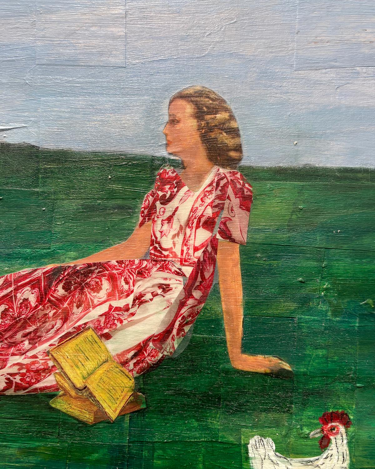 Brood (Collage Paysage d'un élevage de poulets et figure féminine couchée) - Bleu Figurative Painting par Olan Quattro