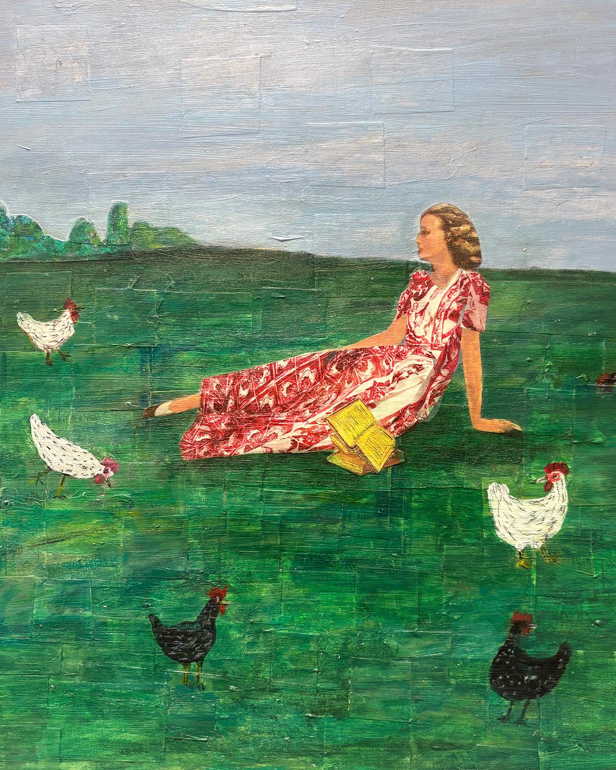 BROOD (Collage Paysage d'un élevage de poulets et figure féminine couchée) par Olan Quattro
2024, gouache, papier et acrylique sur panneau de bois, 18 x 24 pouces

Les œuvres subtiles et sophistiquées d'Olan Quattro sont centrées sur des