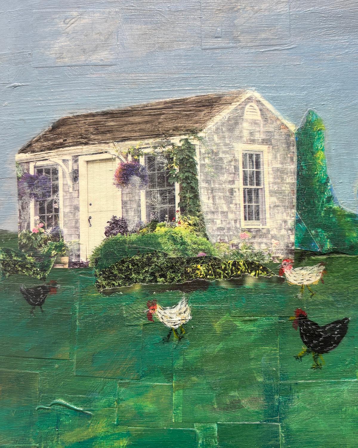 Brood (Collage Paysage d'un élevage de poulets et figure féminine couchée) en vente 1