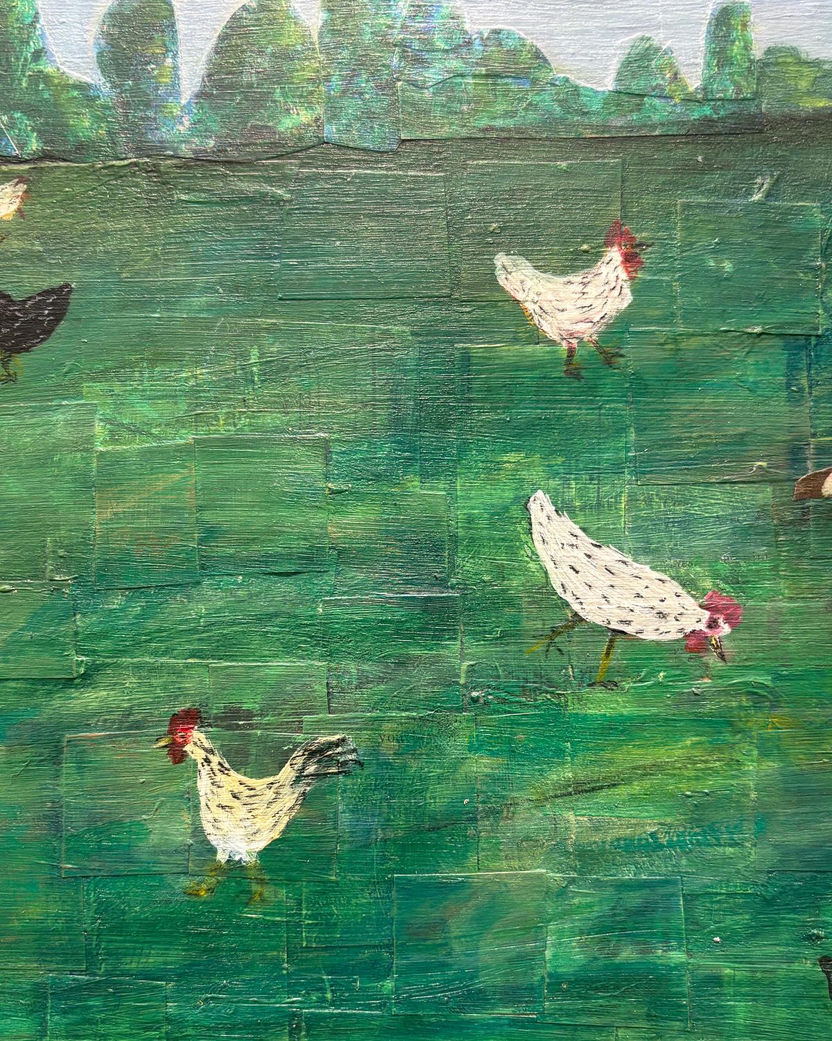 Brood (Collage Paysage d'un élevage de poulets et figure féminine couchée) en vente 3