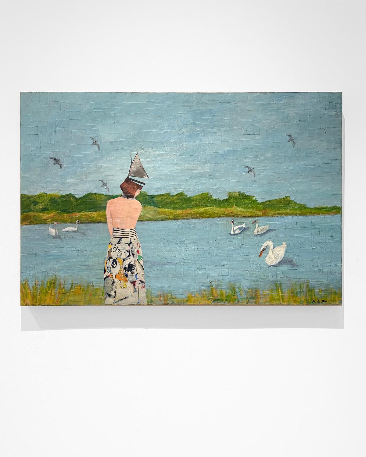Float (Whimsical Landscape Collage of Swans and Figure Against Blue Sky) For Sale 4