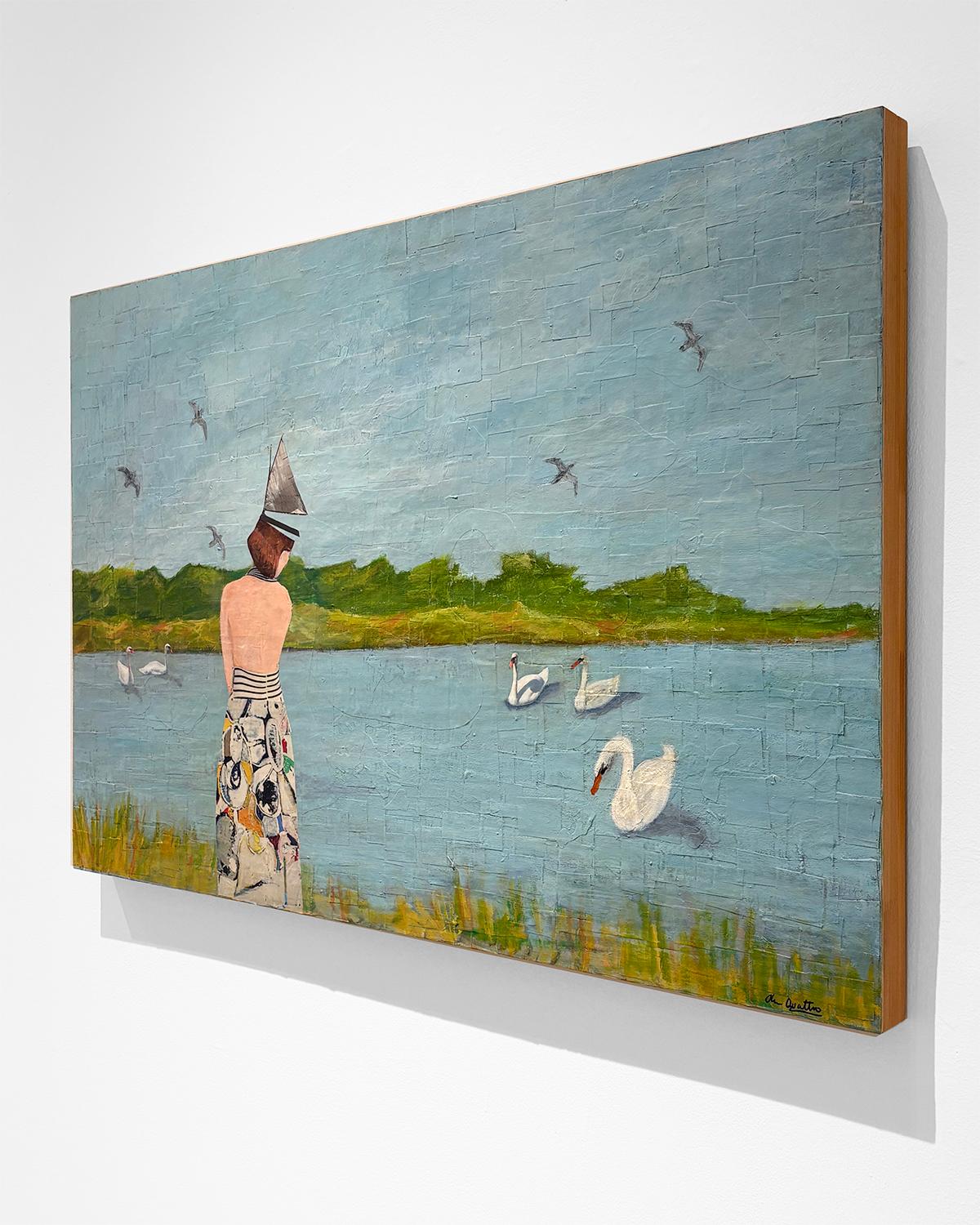 Float (Whimsical Landscape Collage of Swans and Figure Against Blue Sky) For Sale 5