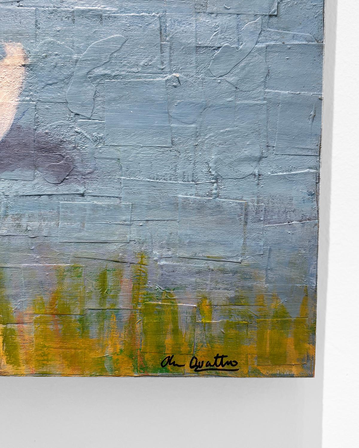 Float (Whimsical Landscape Collage of Swans and Figure Against Blue Sky) For Sale 6