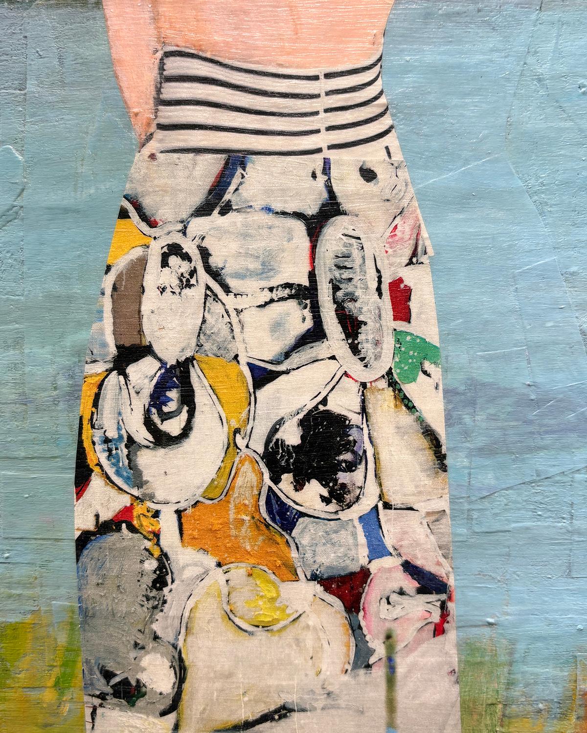 Float (Whimsical Landscape Collage of Swans and Figure Against Blue Sky) For Sale 7