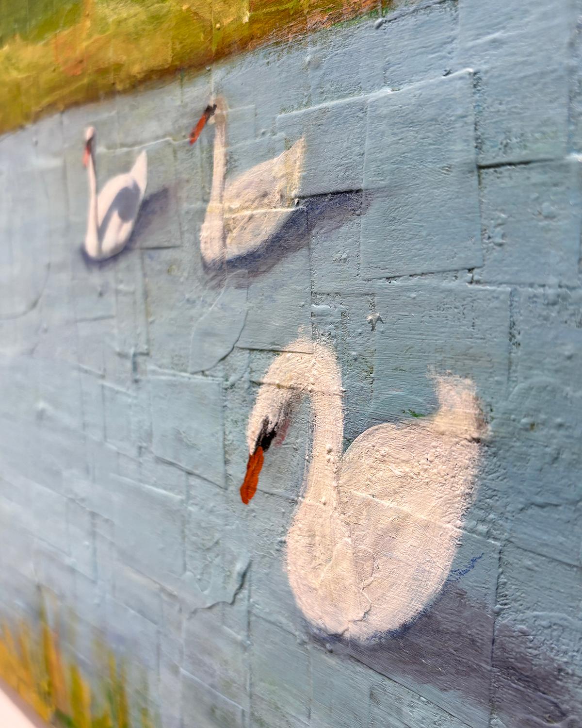 Float (Whimsical Landscape Collage of Swans and Figure Against Blue Sky) For Sale 9