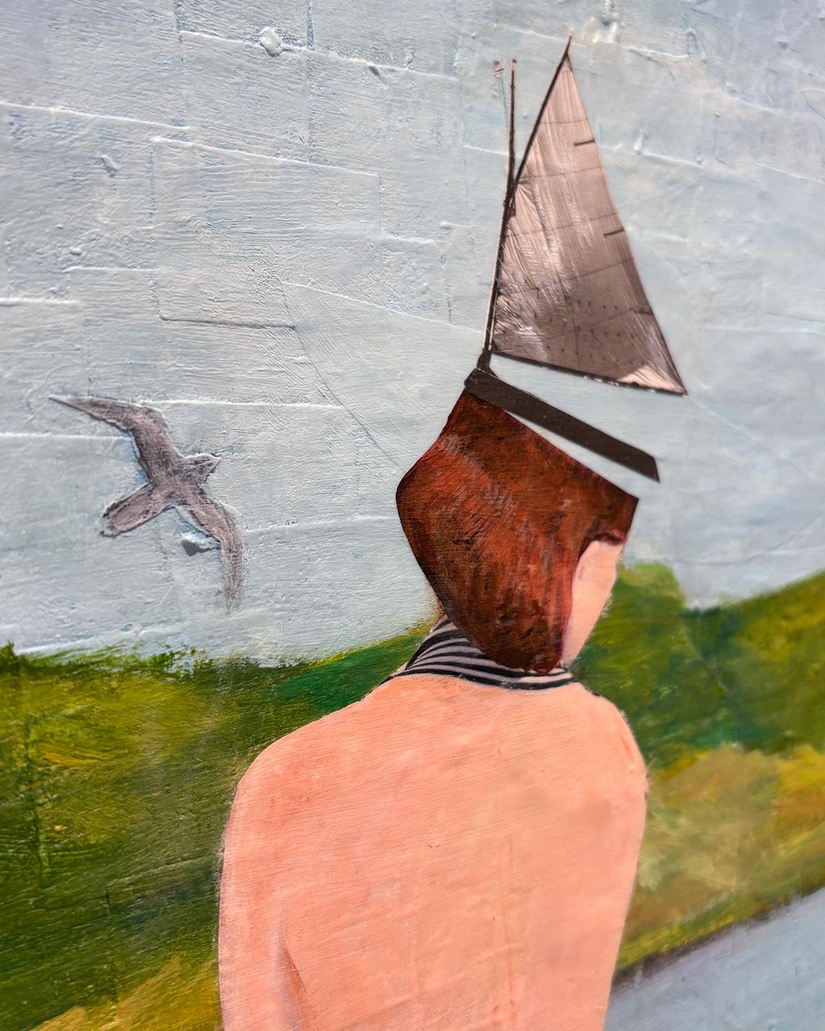 Float (Whimsical Landscape Collage of Swans and Figure Against Blue Sky) For Sale 10