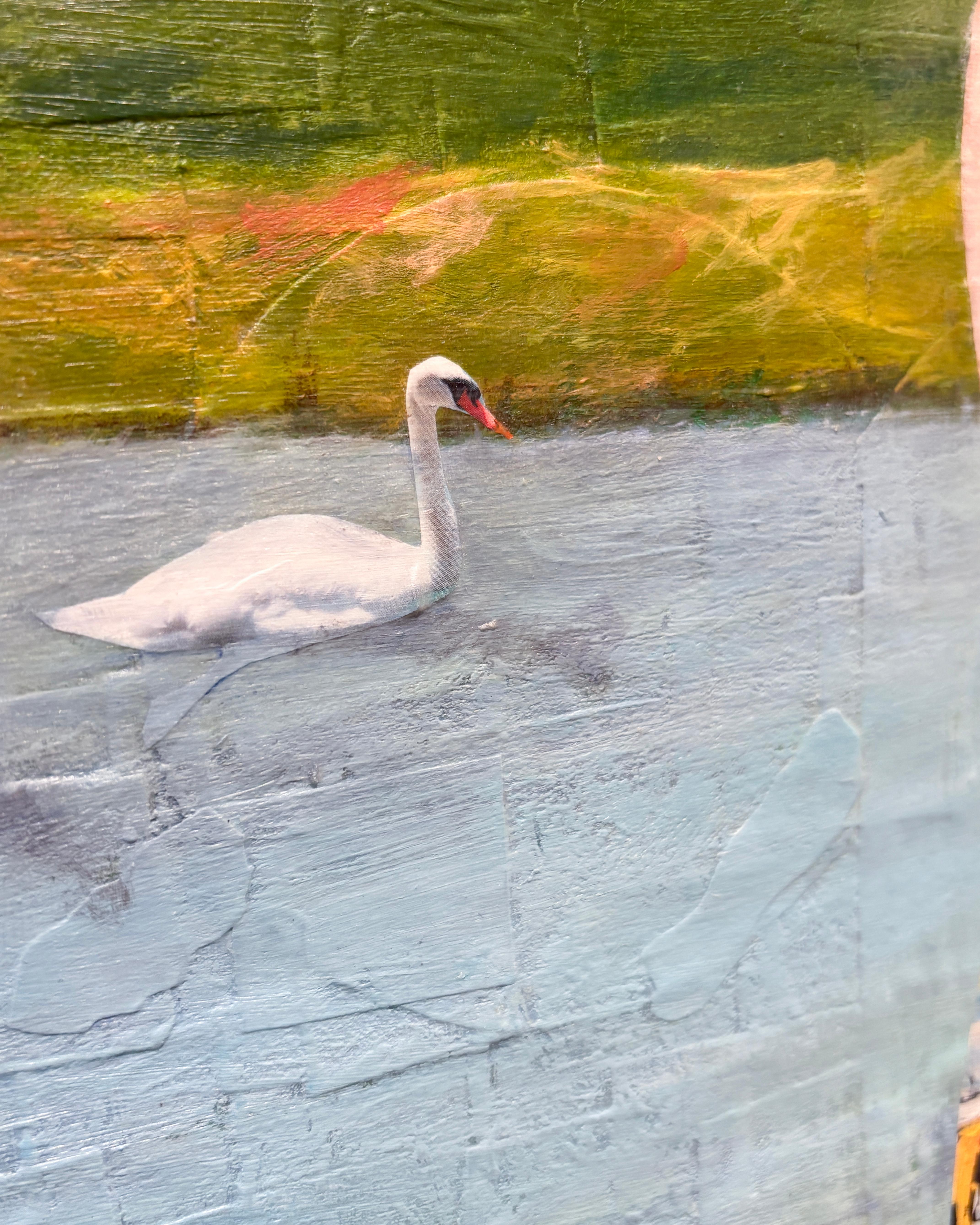 Float (Whimsical Landscape Collage of Swans and Figure Against Blue Sky) For Sale 11