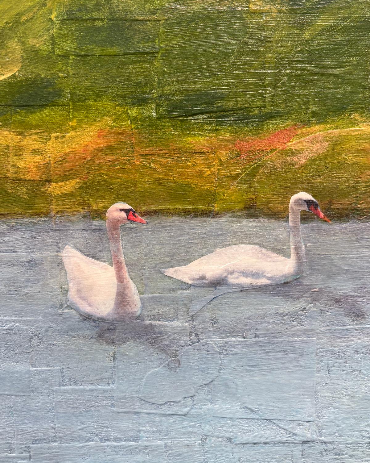 Float (Whimsical Landscape Collage of Swans and Figure Against Blue Sky) - Painting by Olan Quattro