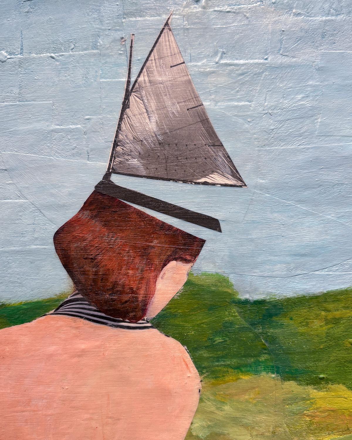 Float (Whimsical Landscape Collage of Swans and Figure Against Blue Sky) - Contemporary Painting by Olan Quattro