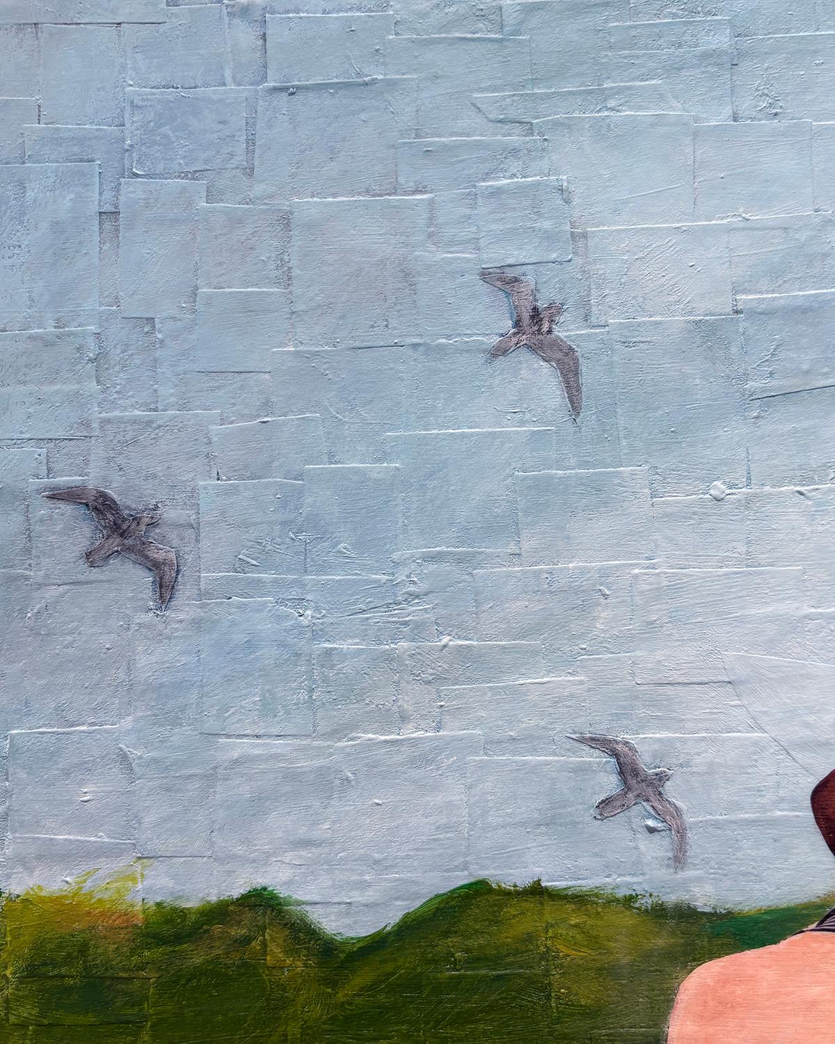 Float (Whimsical Landscape Collage of Swans and Figure Against Blue Sky) - Gray Figurative Painting by Olan Quattro