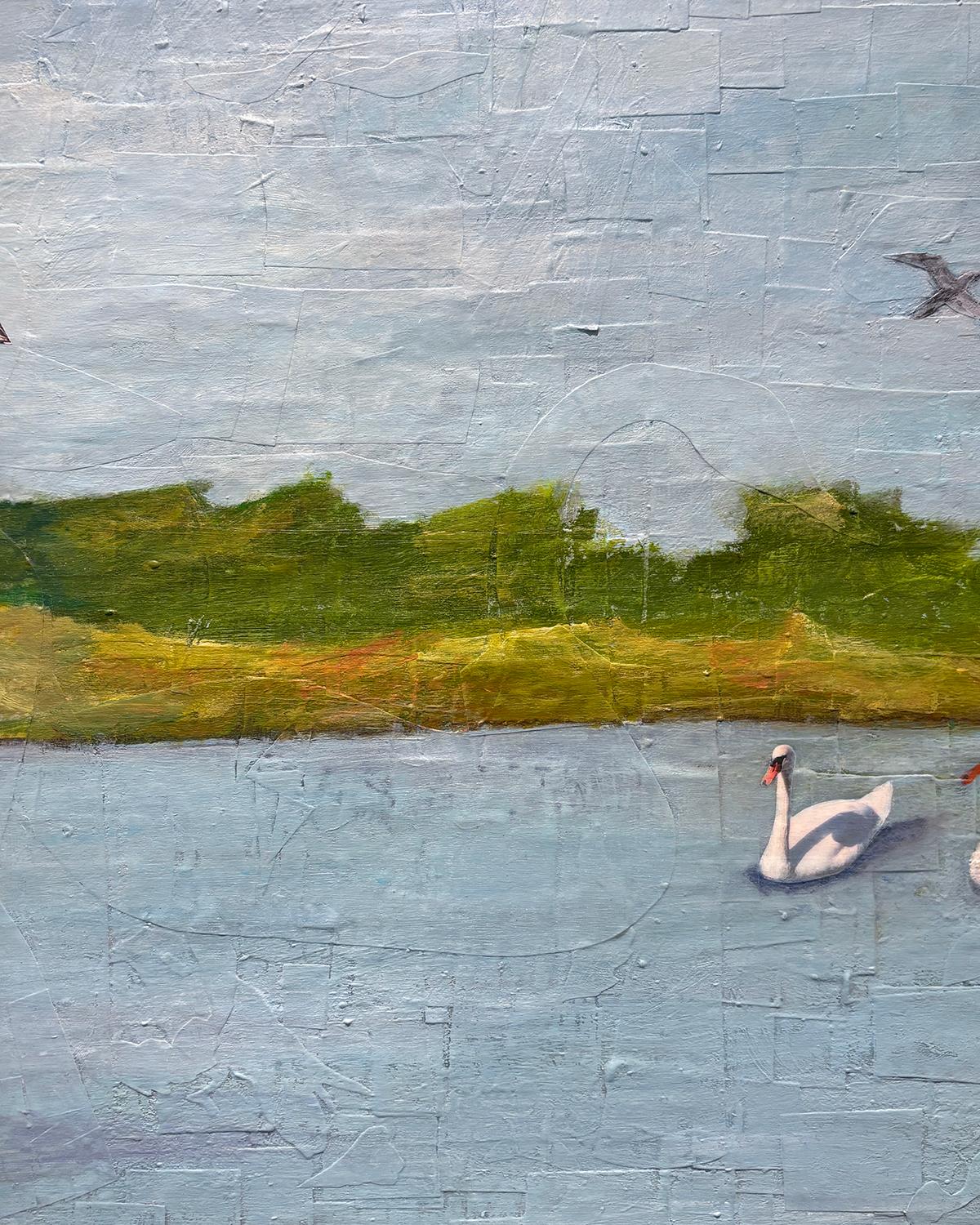 Float (Whimsical Landscape Collage of Swans and Figure Against Blue Sky) by Olan Quattro
2024, gouache, paper, and acrylic on wood panel, 24 x 36 inches

Olan Quattro's subtle and sophisticated works center on female protagonists. These characters