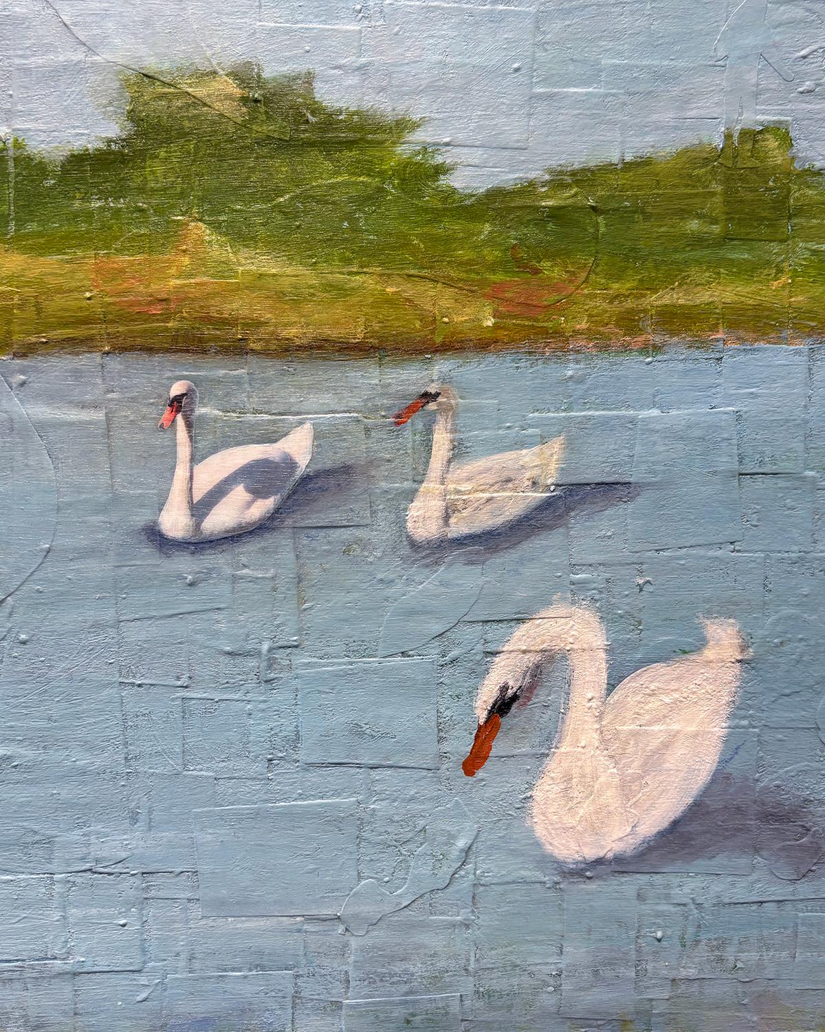 Float (Whimsical Landscape Collage of Swans and Figure Against Blue Sky) For Sale 1