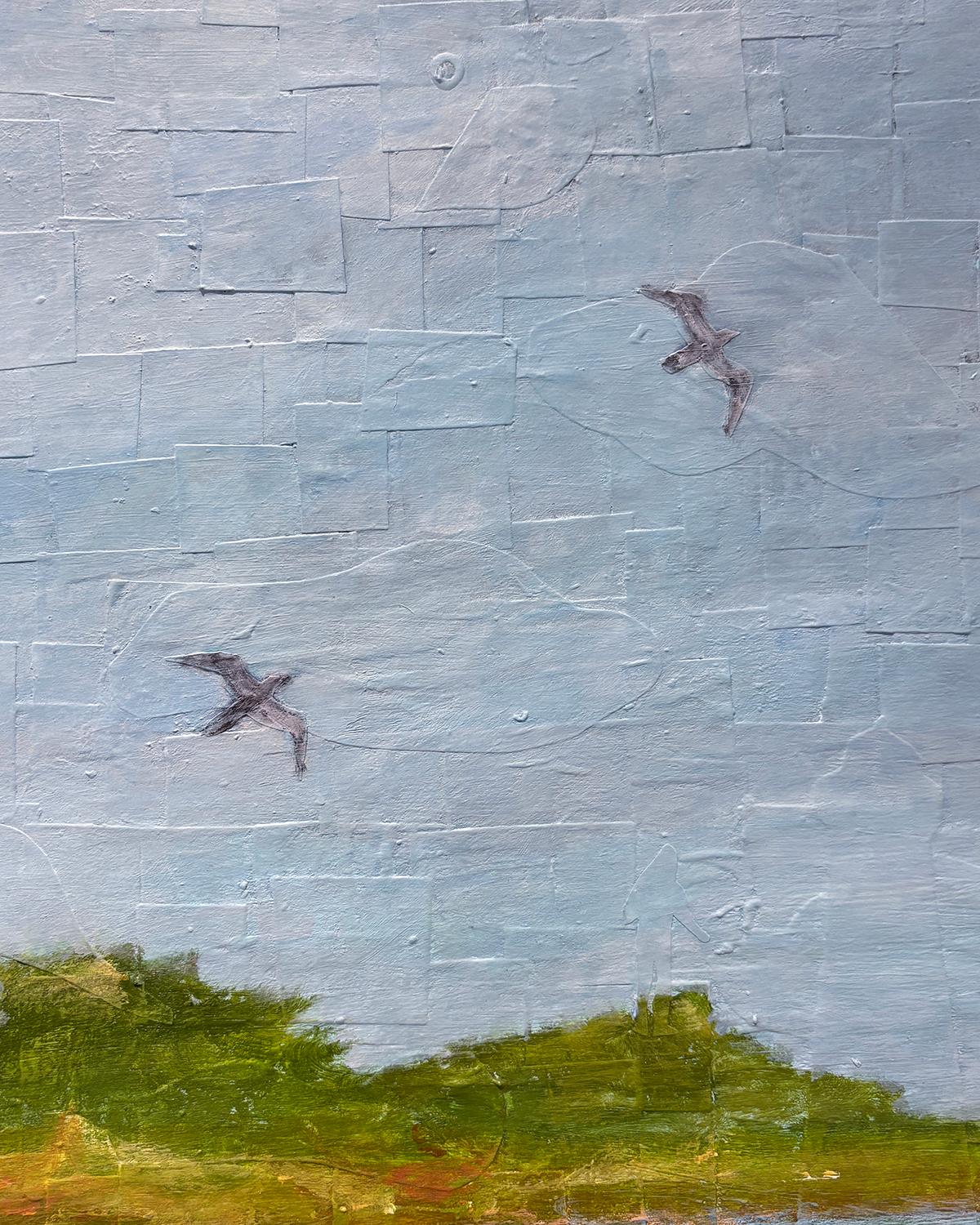 Float (Whimsical Landscape Collage of Swans and Figure Against Blue Sky) For Sale 2