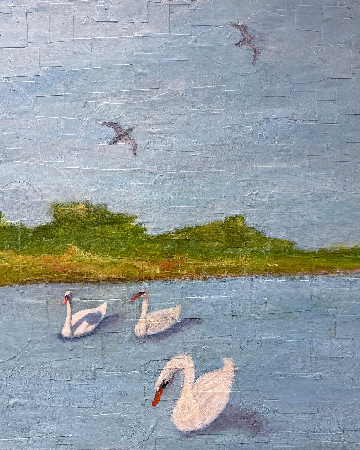 Float (Whimsical Landscape Collage of Swans and Figure Against Blue Sky) For Sale 3