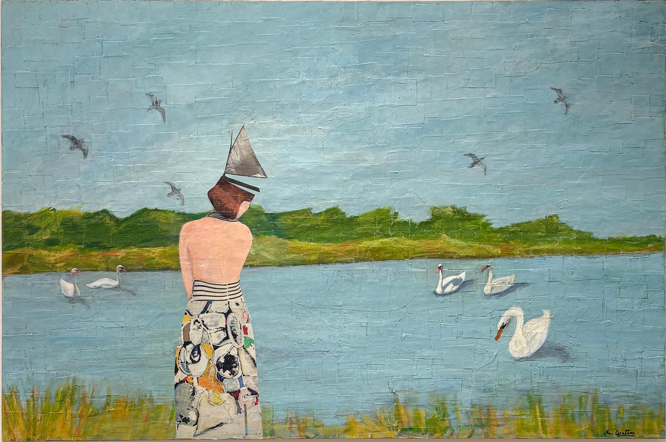 Float (Collage di paesaggi stravaganti con cigni e figure contro il cielo blu)