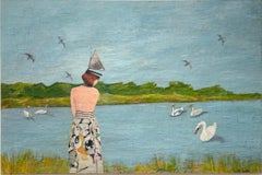 Float (Collage di paesaggi stravaganti con cigni e figure contro il cielo blu)