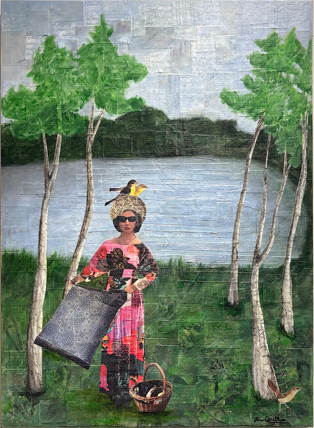 Meander (Figura femminile in abito trapuntato con paesaggio lacustre in collage)