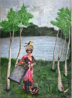 Meander (Figura femminile in abito trapuntato con paesaggio lacustre in collage)