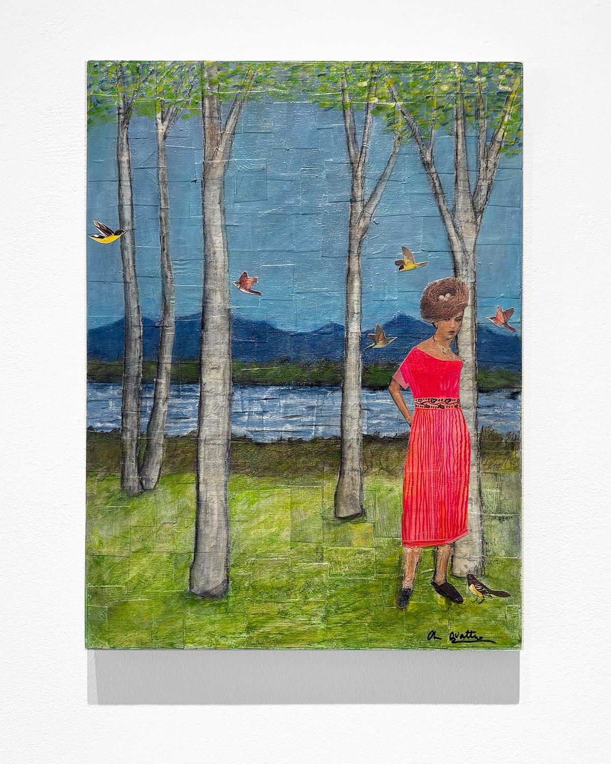 Nesting Season (Whimsical Collage of Female Figure and Birds in the Forest) For Sale 6