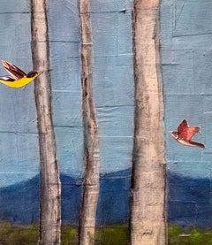 Temporada de anidación (Collage caprichoso de figura femenina y pájaros en el bosque)