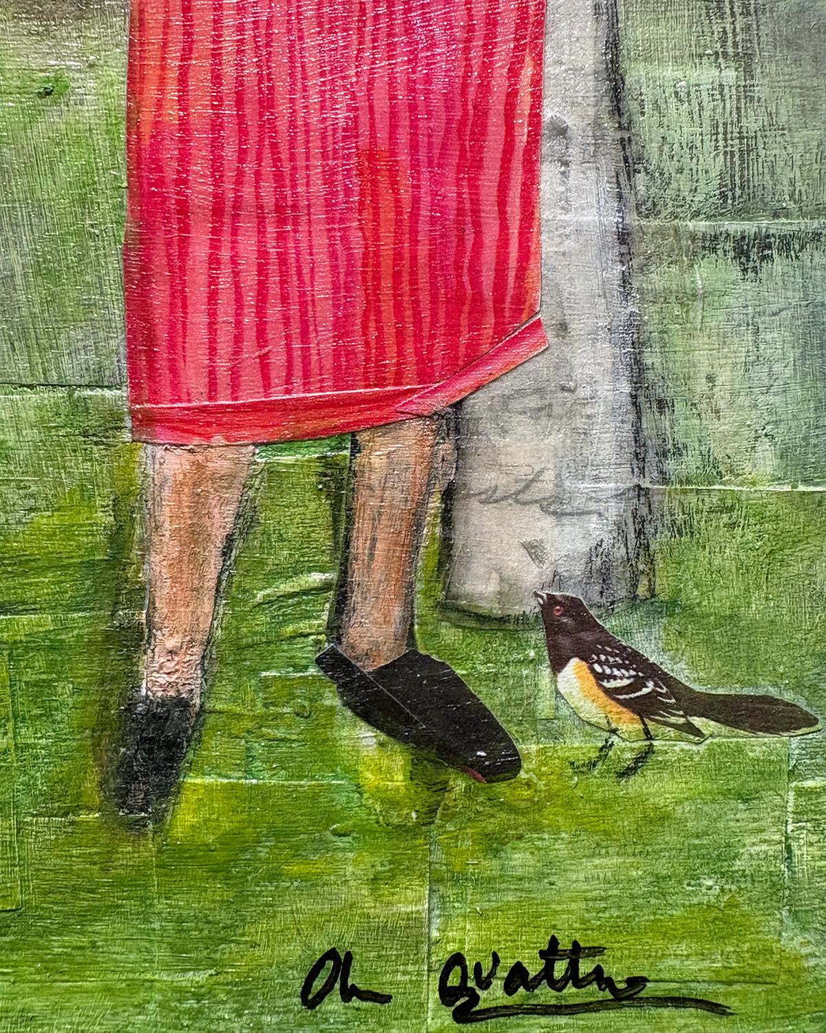 Nesting Season (Whimsical Collage of Female Figure and Birds in the Forest) - Gray Figurative Painting by Olan Quattro