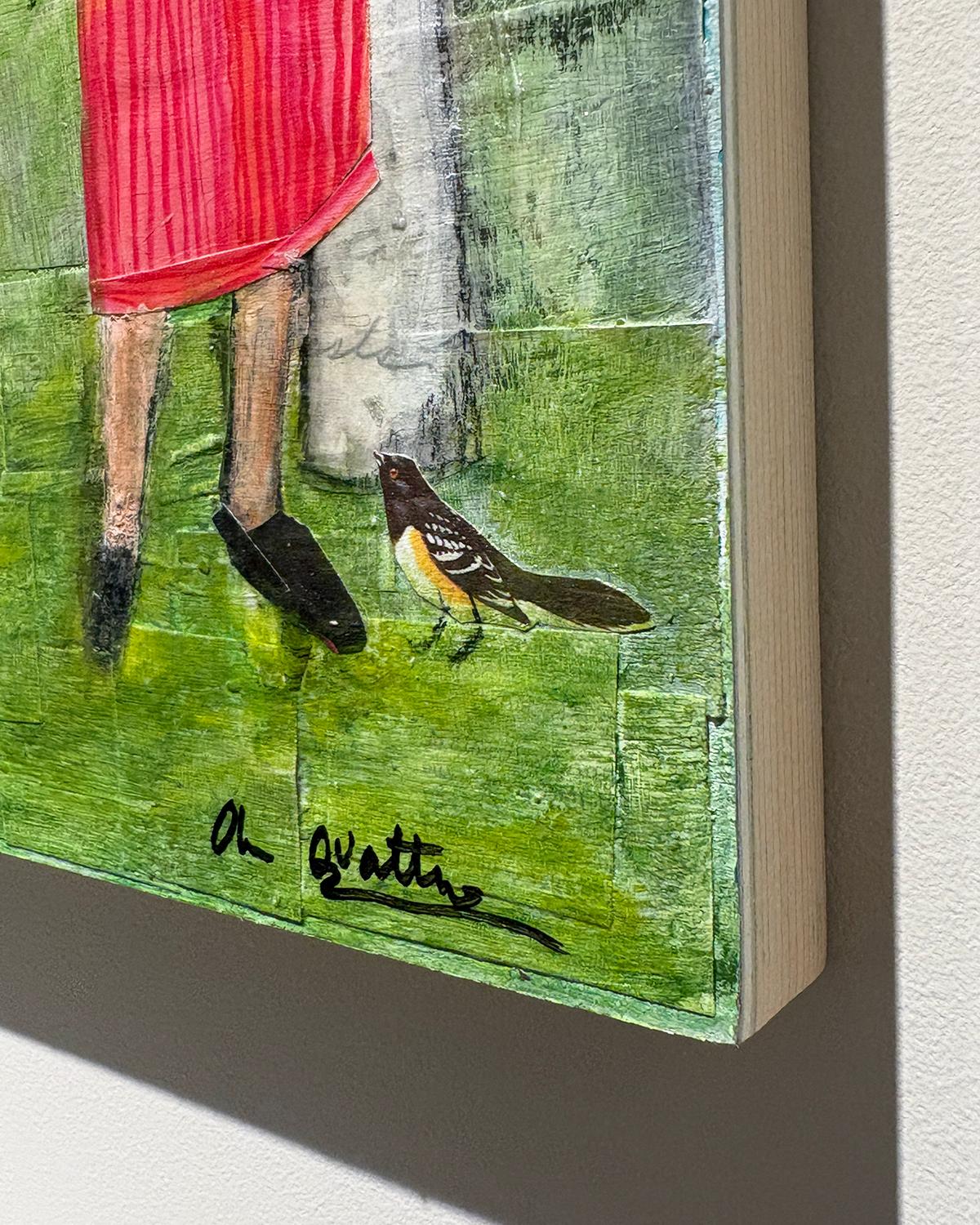Nesting Season (Whimsical Collage of Female Figure and Birds in the Forest) by Olan Quattro
2025, gouache, paper, and acrylic on wood panel, 16 x 12 inches

Olan Quattro's subtle and sophisticated works center on female protagonists. These