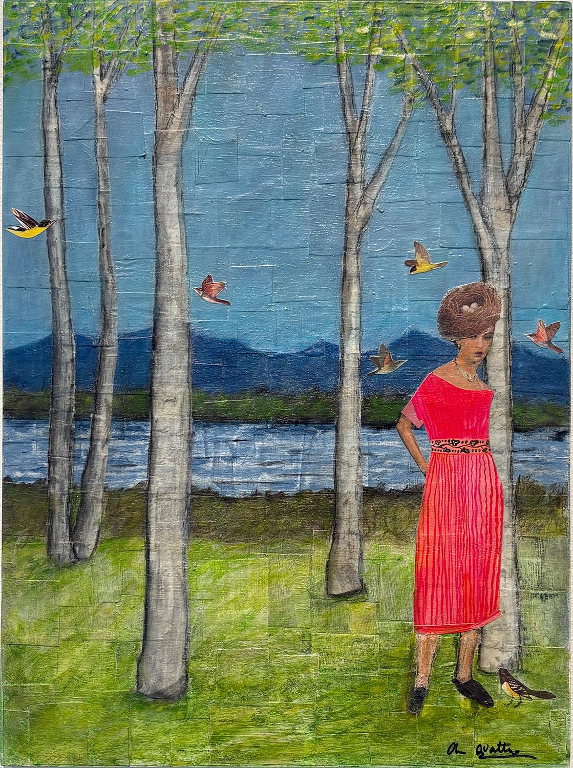 Stagione dei nidi (collage stravagante di figure femminili e uccelli nella foresta)