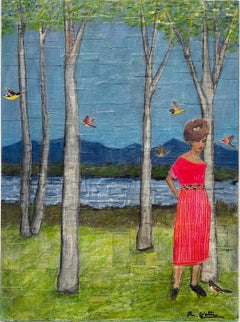 Temporada de anidación (Collage caprichoso de figura femenina y pájaros en el bosque)