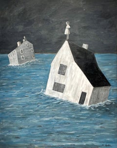 Night View (Fantastical Collage of Houses Floating in Water on a Starry Night)