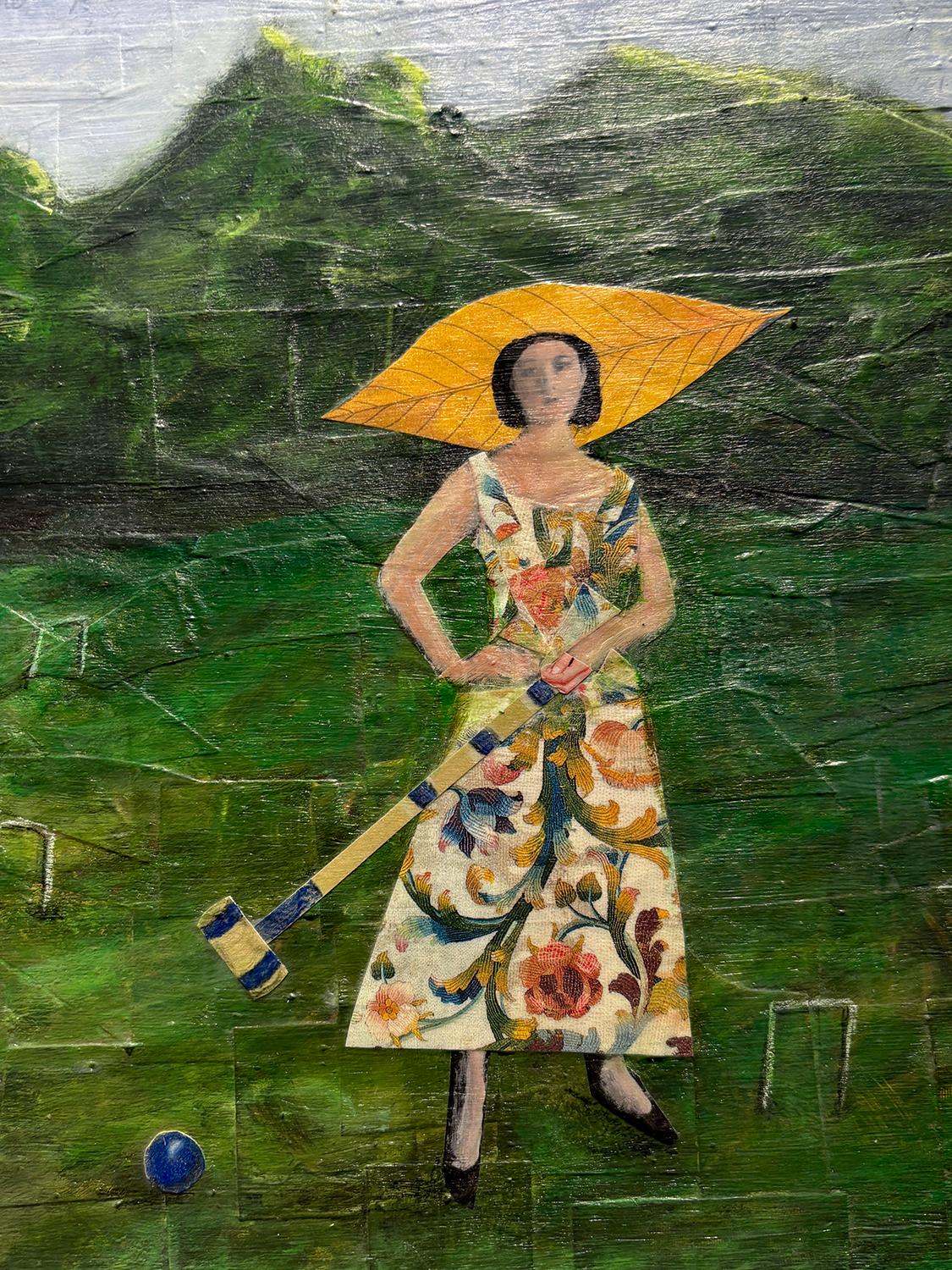 Summer Lawn (Elegant Collage of Three Female Figures Playing Croquet) - Contemporary Mixed Media Art by Olan Quattro