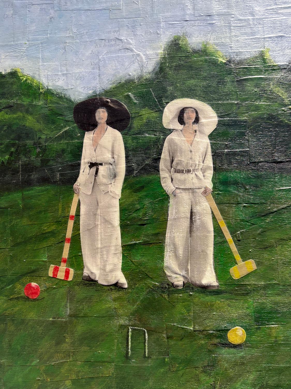 Summer Lawn (Elegant Collage of Three Female Figures Playing Croquet) by Olan Quattro
2025, gouache, paper, and acrylic on wood panel, 24 x 18 inches

Olan Quattro's subtle and sophisticated works center on female protagonists. These characters
