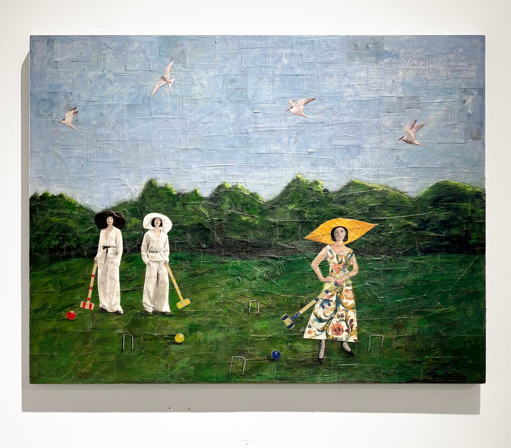 Summer Lawn (Elegant Collage of Three Female Figures Playing Croquet) For Sale 2