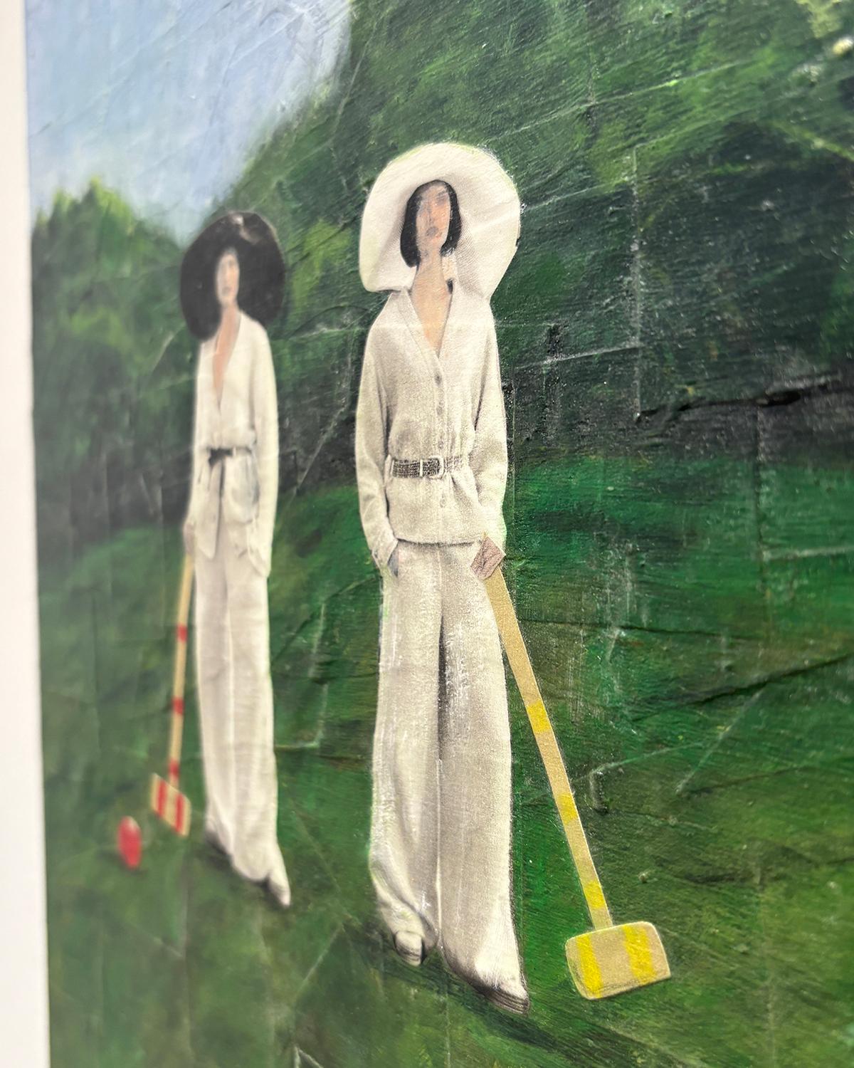 Summer Lawn (Elegant Collage of Three Female Figures Playing Croquet) For Sale 4