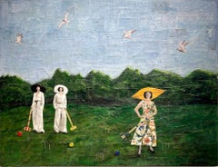 Summer Lawn (Elegant Collage of Three Female Figures Playing Croquet)