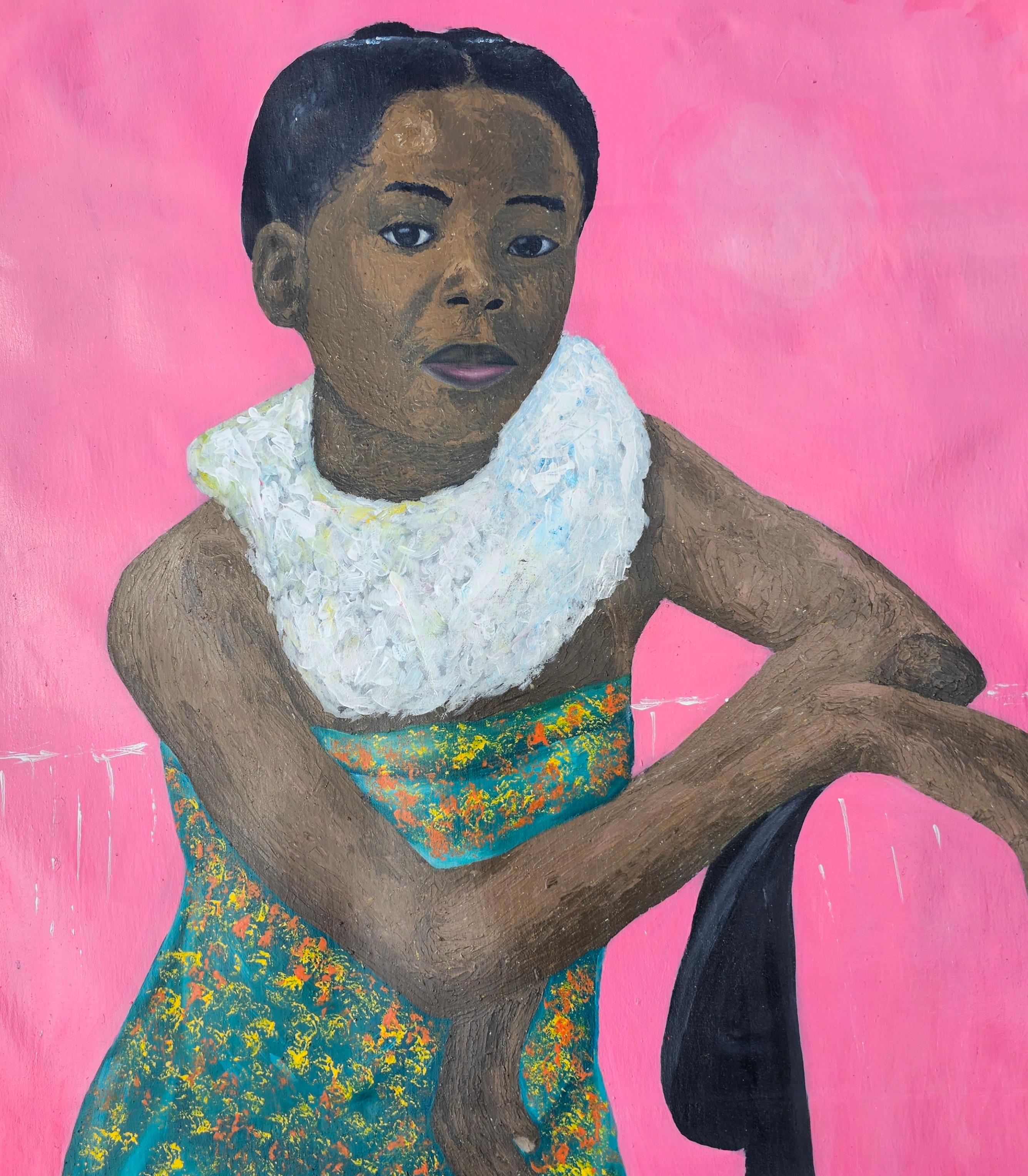 Be Still - 21st Century Contemporary, Figurative Portrait, Acrylic, Young Girl - Pink Portrait Painting by Olaniyi Timothy