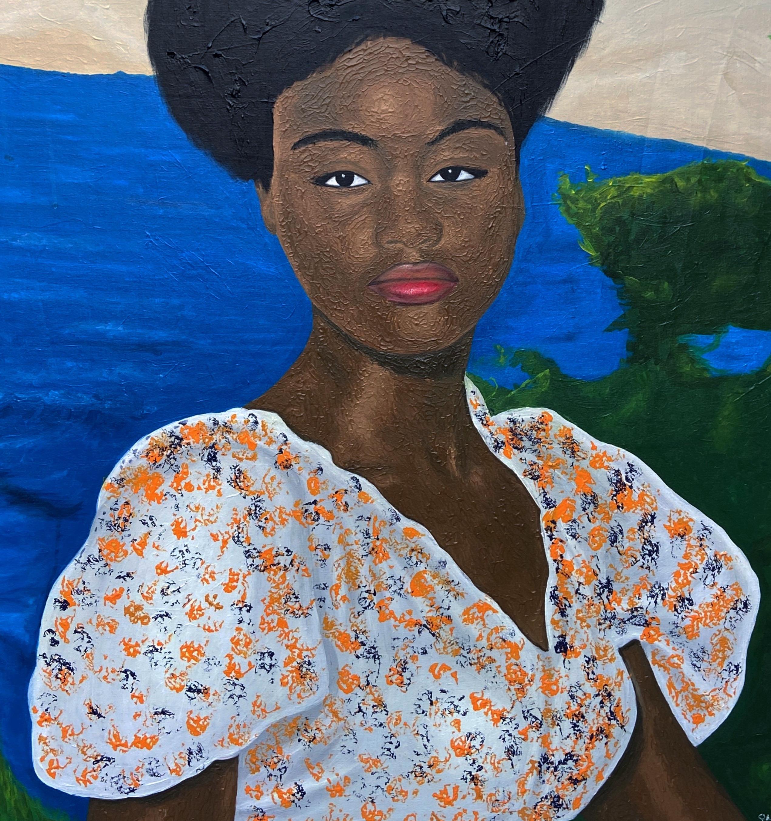 Between Sky and Soul -21st Century Contemporary, Figurative, Nature Modern Women - Figurative Painting Azul de Olaniyi Timothy