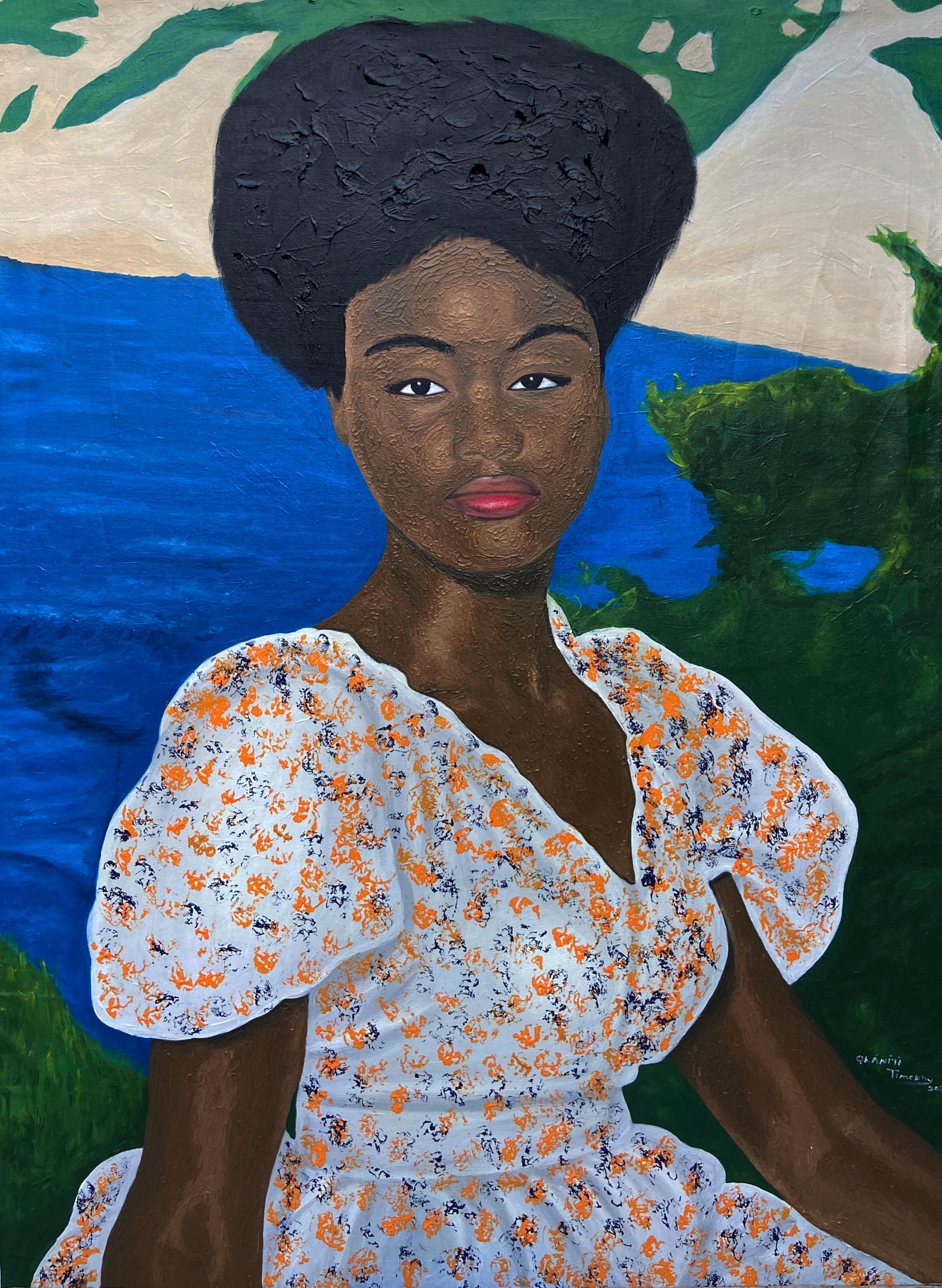 Figurative Painting de Olaniyi Timothy - Between Sky and Soul -21st Century Contemporary, Figurative, Nature Modern Women