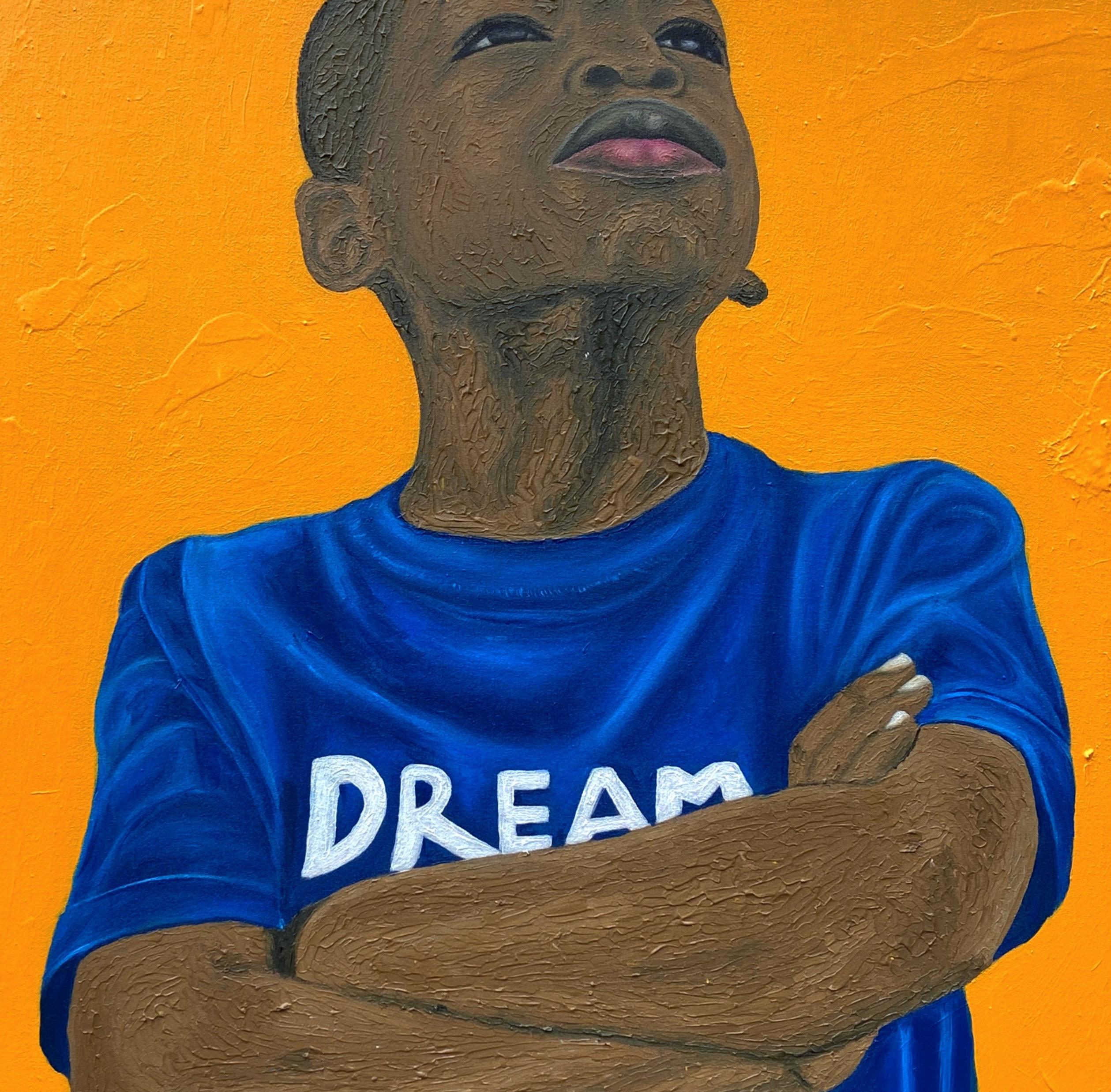 Niño con un sueño en los ojos -Siglo XXI Contemporáneo, Figurativo, Gente moderna - Portrait Painting Púrpura de Olaniyi Timothy