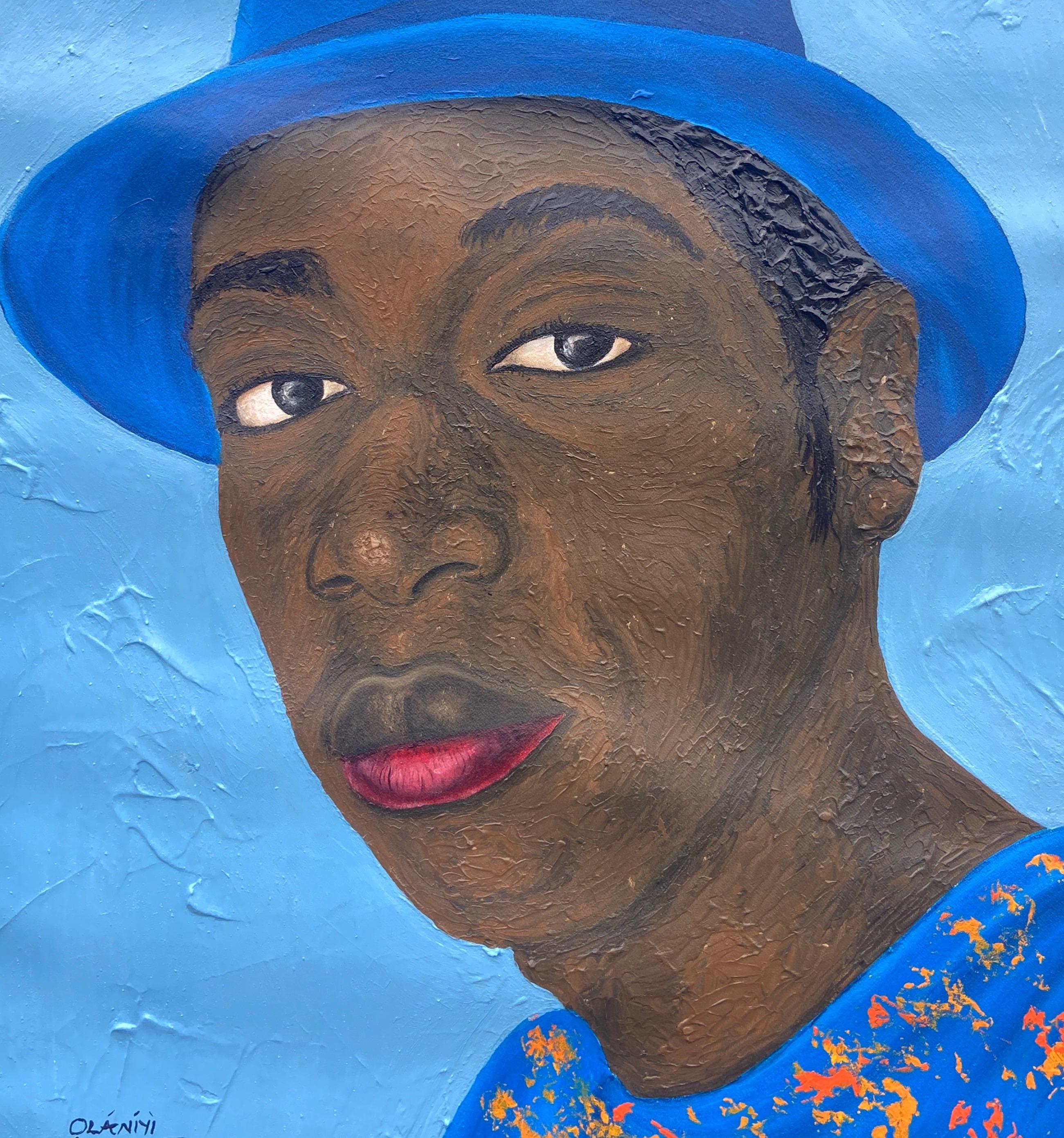 Guardare con coraggio 1 -21° Secolo Contemporaneo, Ritratto figurativo, Cappello da uomo, Africa - Figurative Painting Blu di Olaniyi Timothy