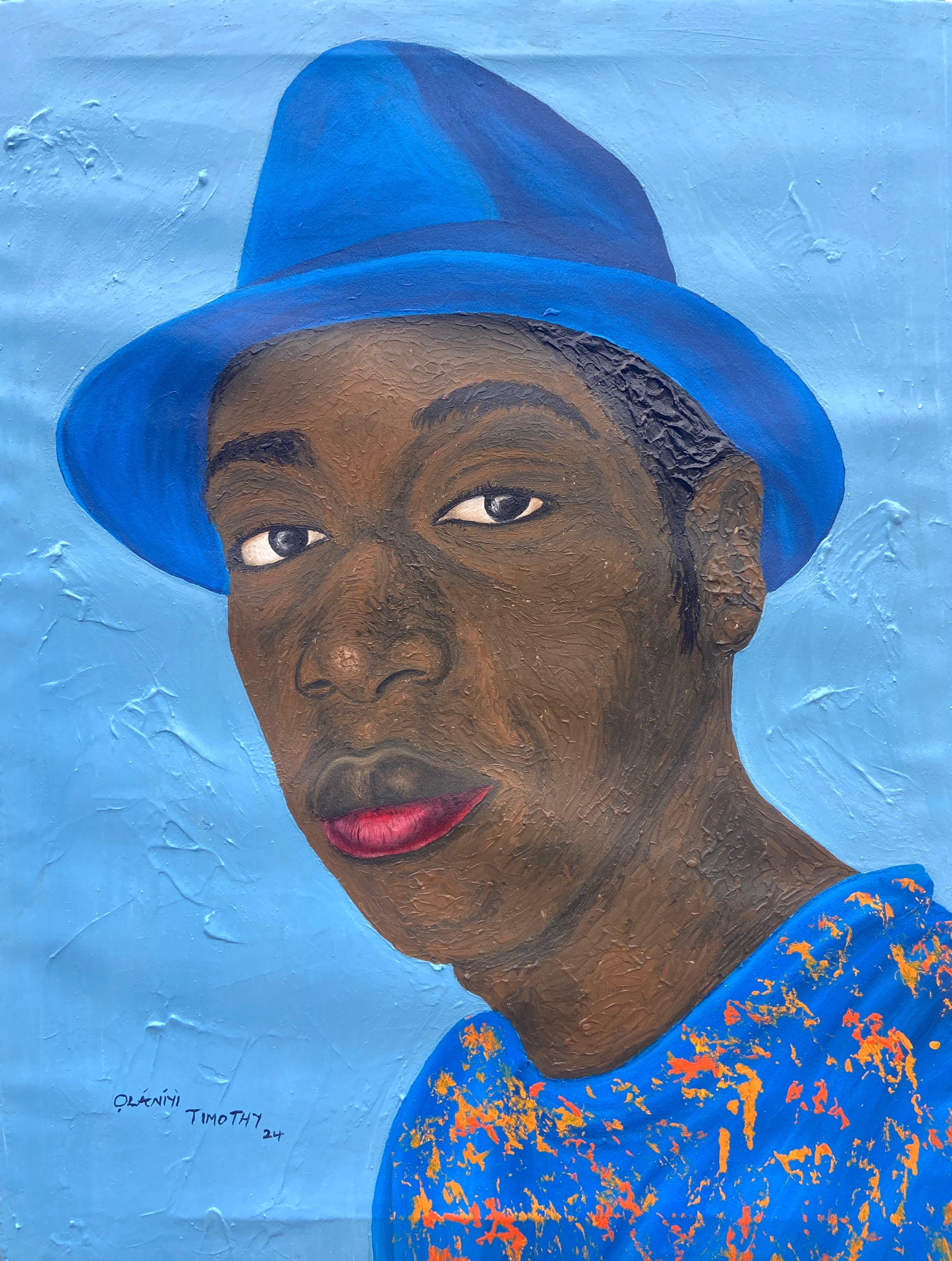 Figurative Painting di Olaniyi Timothy - Guardare con coraggio 1 -21° Secolo Contemporaneo, Ritratto figurativo, Cappello da uomo, Africa