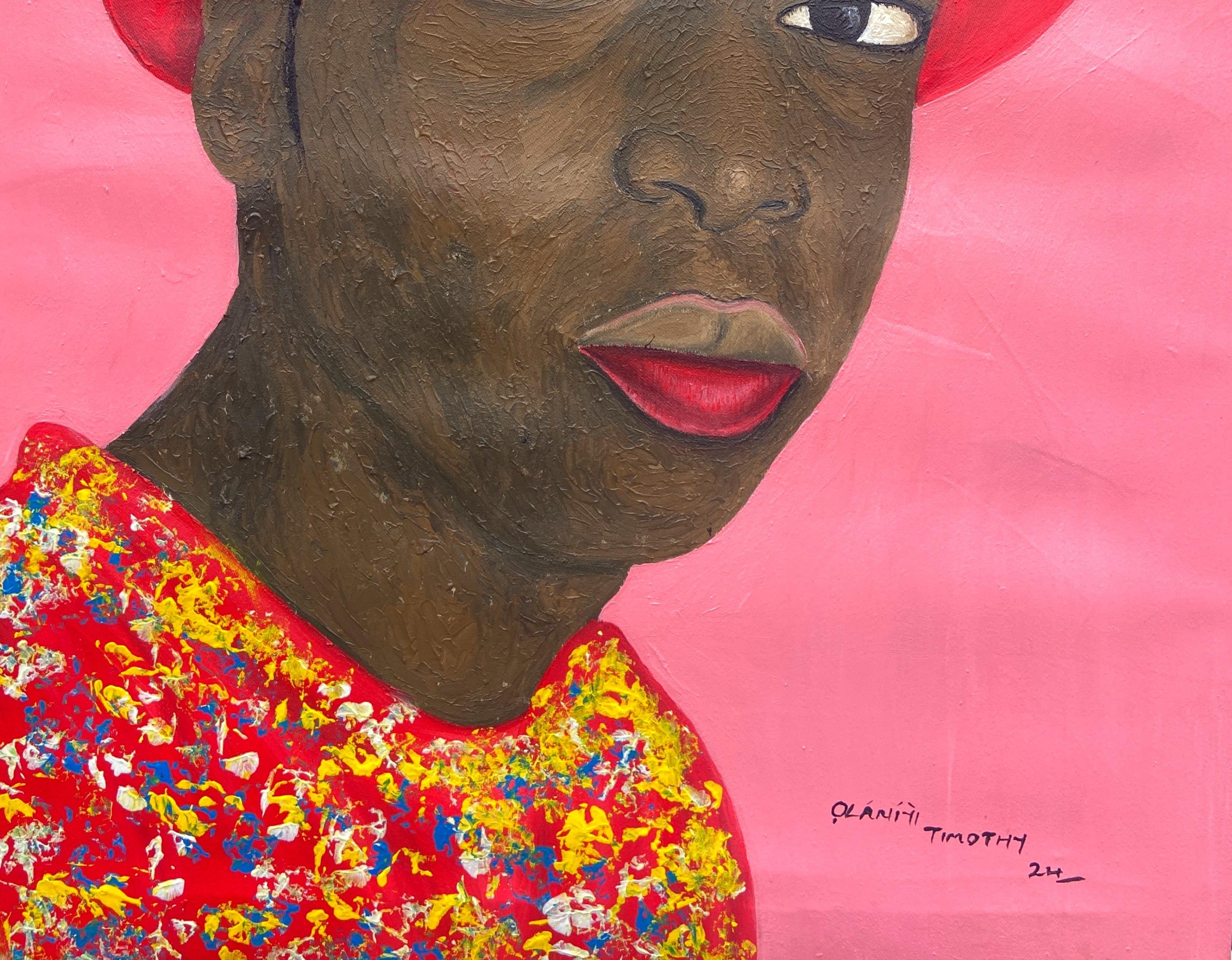 Guardare con coraggio 2 -21° secolo contemporaneo, Ritratto figurativo, Cappello da uomo, Africa - Painting Espressionista di Olaniyi Timothy